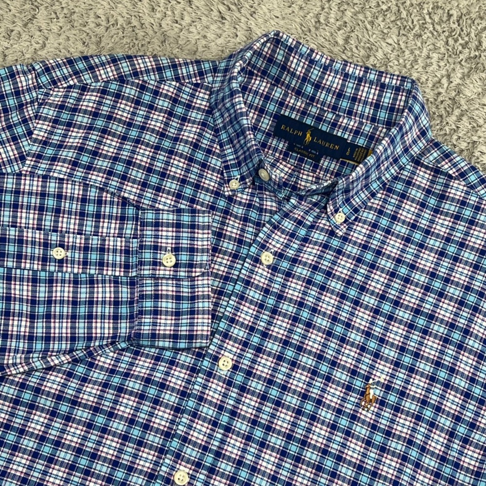 Ralph Lauren Mens Classic‎ Fit Plaid Button Down Shirt Blue Pink White Large